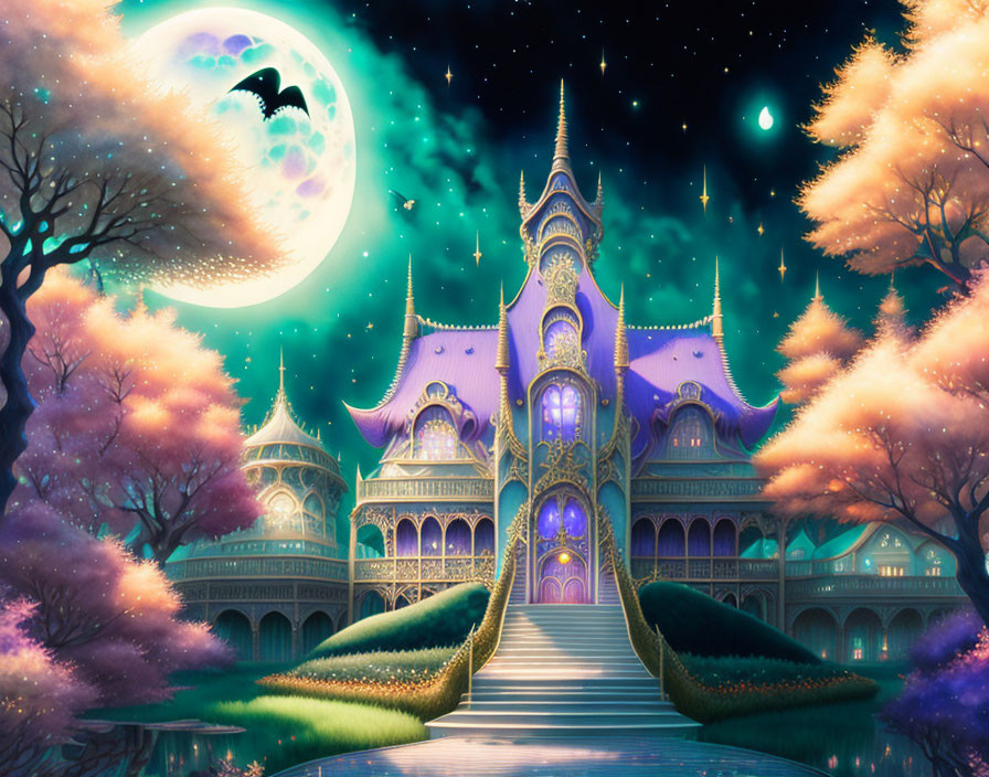 Fantasy castle night scene with moon, bats, trees, and starry sky