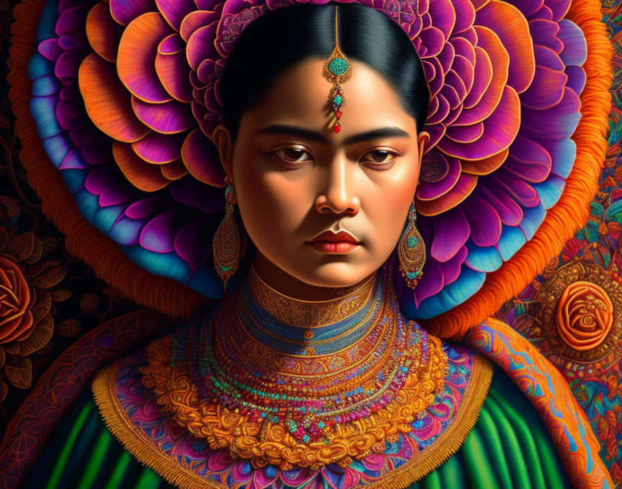 Colorful digital portrait of a woman with floral patterns, jewelry, and traditional attire.