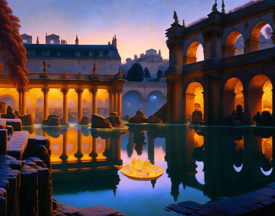 Classical palace with arched colonnades reflected in illuminated pool