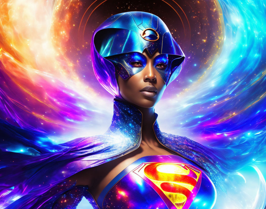 Cosmic-themed superhero woman in Superman logo attire with swirling galaxy background