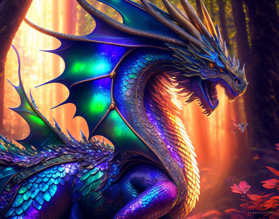 Colorful Dragon in Enchanted Forest with Butterfly