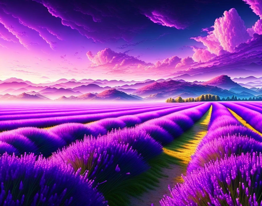 Purple lavender fields and hills under dramatic sky at sunrise or sunset