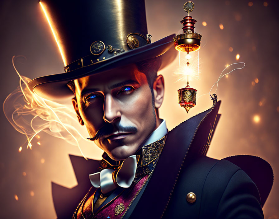 Victorian man with top hat and lantern in mystical setting