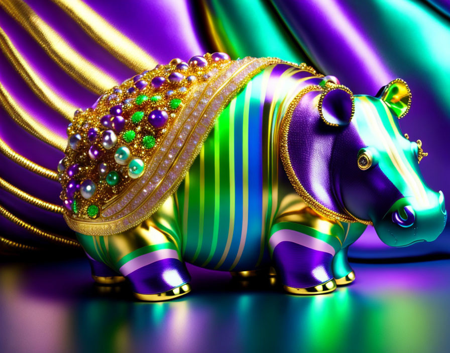 Colorful ornate hippopotamus figurine with gold accents and jeweled embellishments on vibrant purple