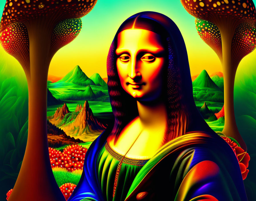 Colorful Psychedelic Mona Lisa in Fantasy Landscape