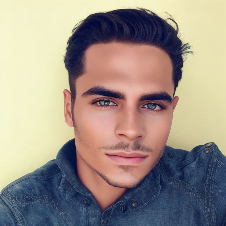 Young man with prominent eyebrows and blue eyes in denim shirt - digitally enhanced portrait