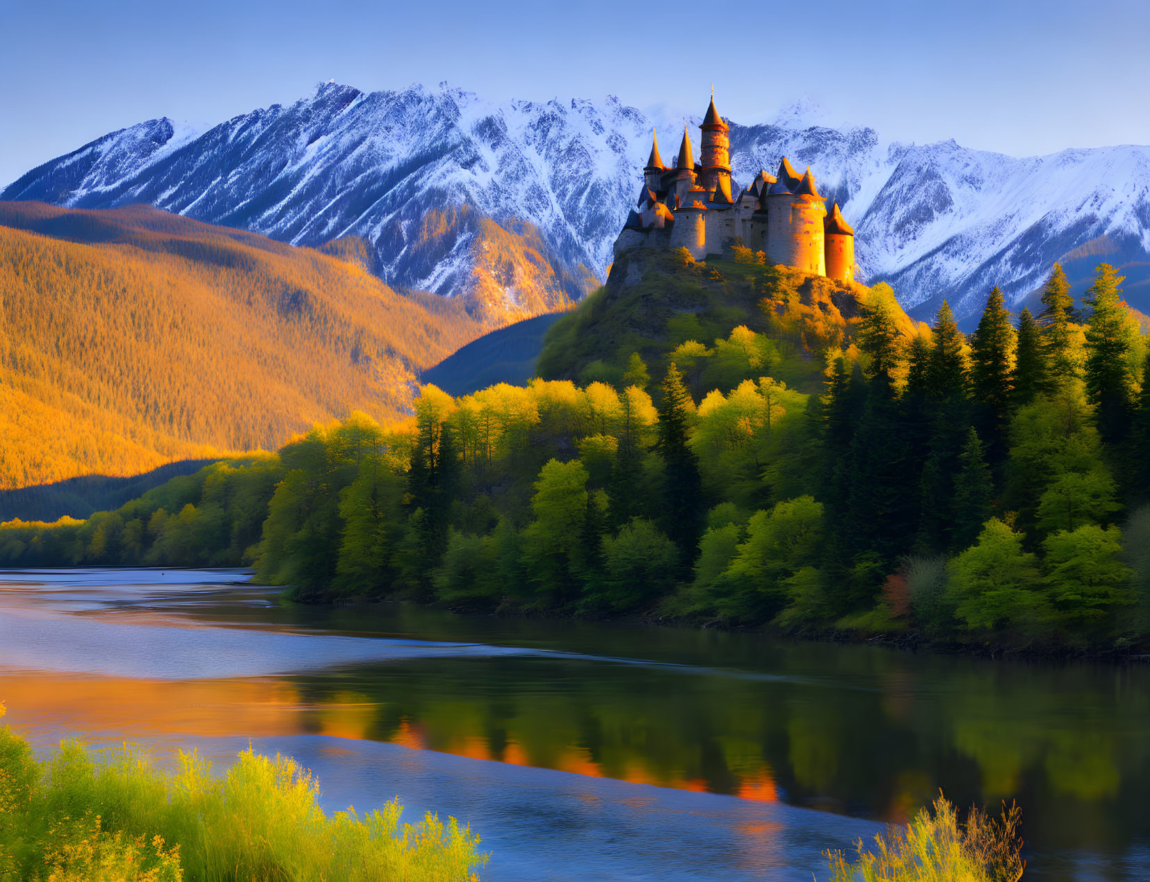 Majestic castle on green hill by tranquil river with snowy mountains at sunset