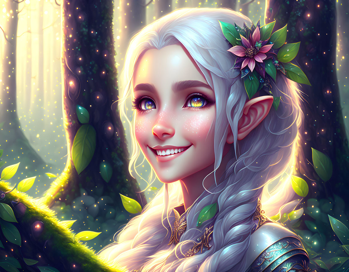 Smiling female elf with silver hair in sunlit forest