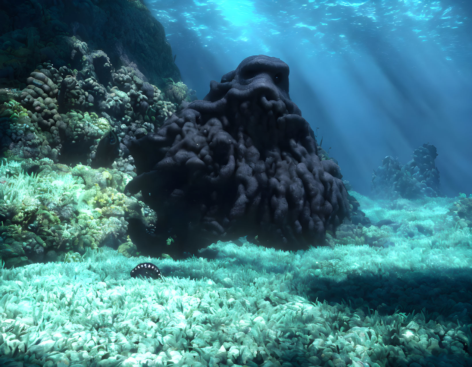 Marine life on coral reef with sunlight filtering through water