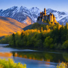 Majestic castle on green hill by tranquil river with snowy mountains at sunset