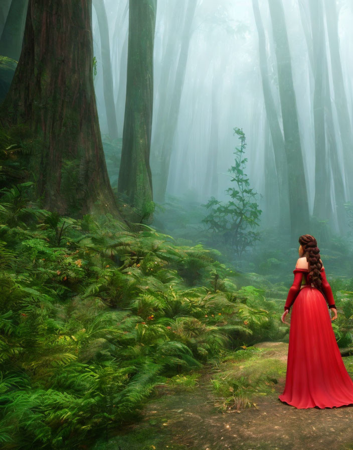 Woman in Long Red Dress with Braided Hair in Misty Green Forest