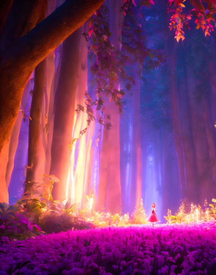 Person in Red Cloak in Mystical Forest with Towering Trees and Glowing Flora