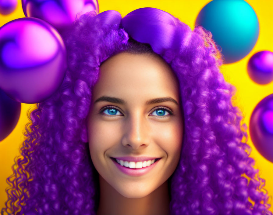 Smiling woman with purple hair and blue eyes in vibrant colorful sphere setting