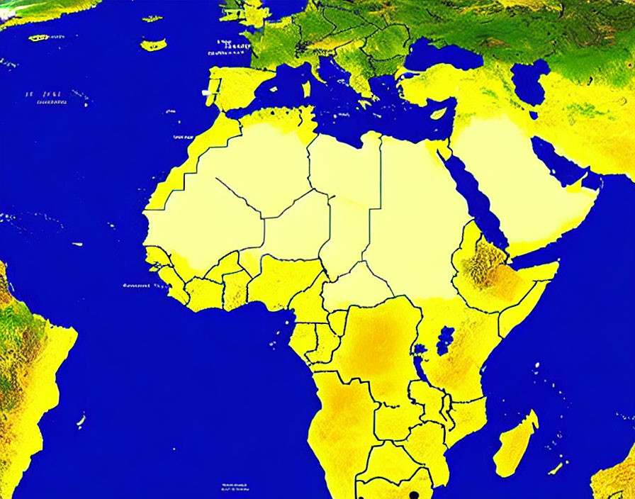 Color-coded map of African continent with yellow highlighting and blue oceans.