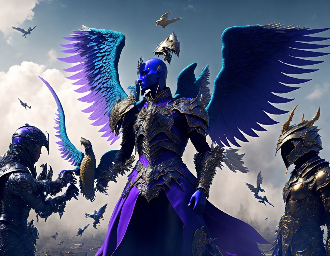 Blue-skinned figure with wings surrounded by armored individuals and flying creatures in cloudy sky