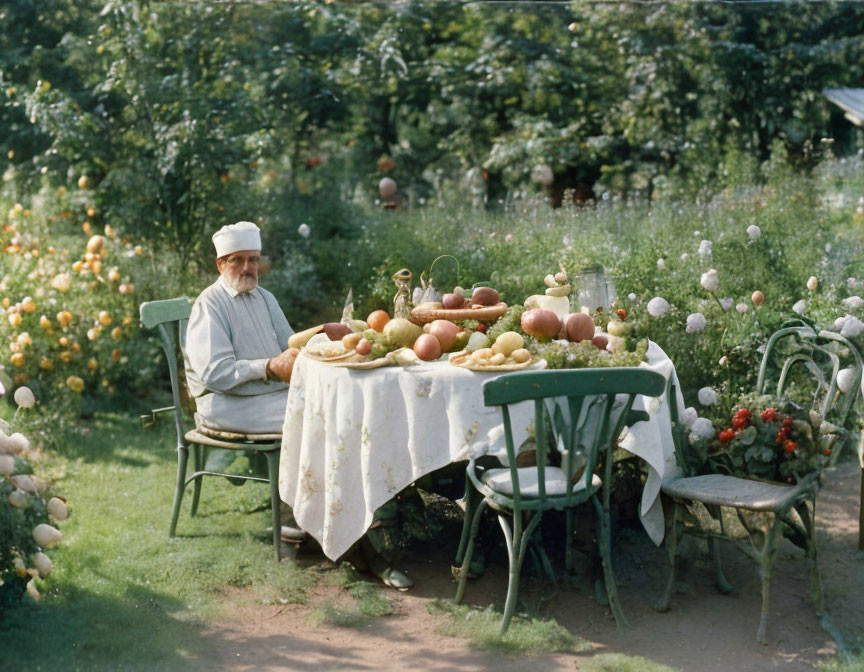 Elderly man enjoying fresh fruits and bread in garden setting