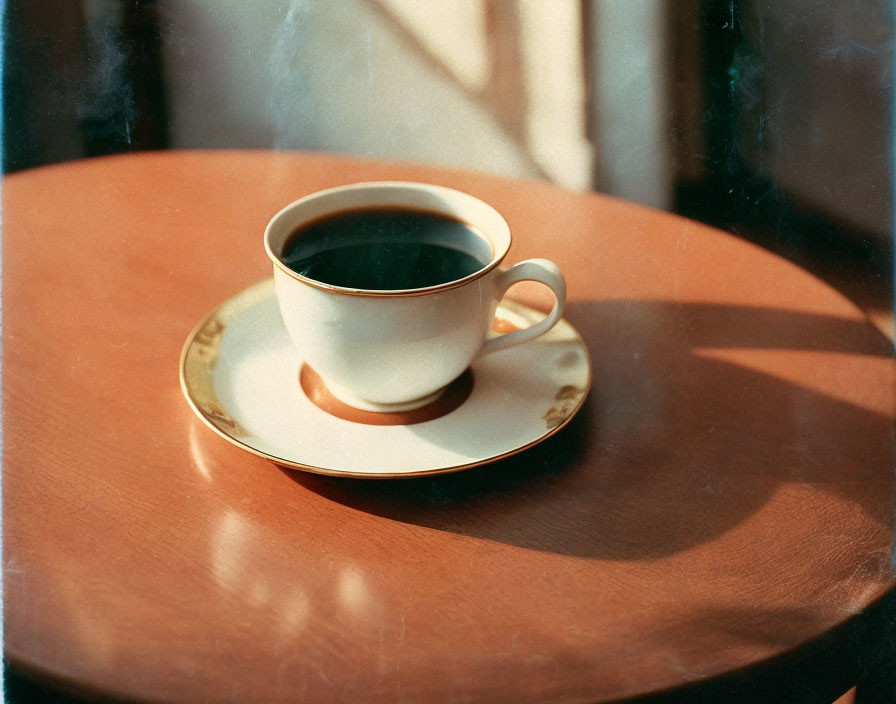 Steaming Cup of Coffee on Wooden Table in Sunlight