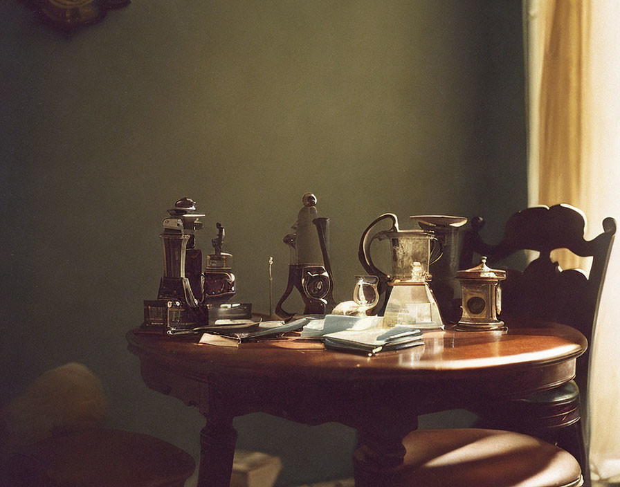 Vintage Microscope, Coffee Grinder, Pitcher on Antique Wooden Table