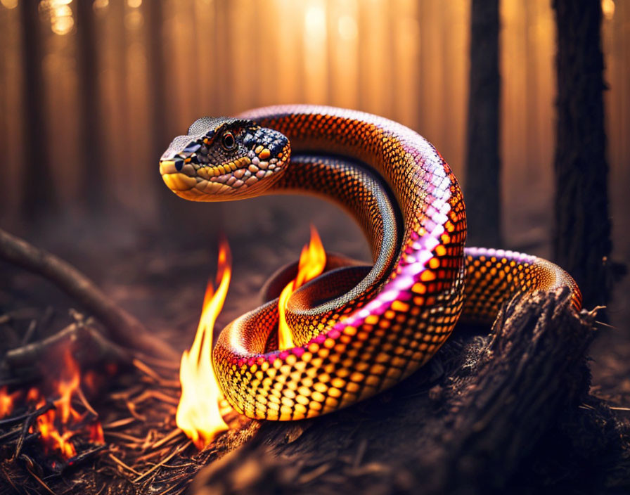 Colorful Snake Coiled in Fiery Forest with Trees and Flames