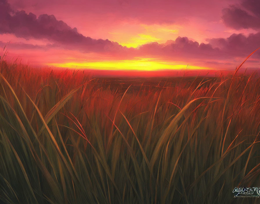 Vibrant pink and orange sunset over serene tall grass field