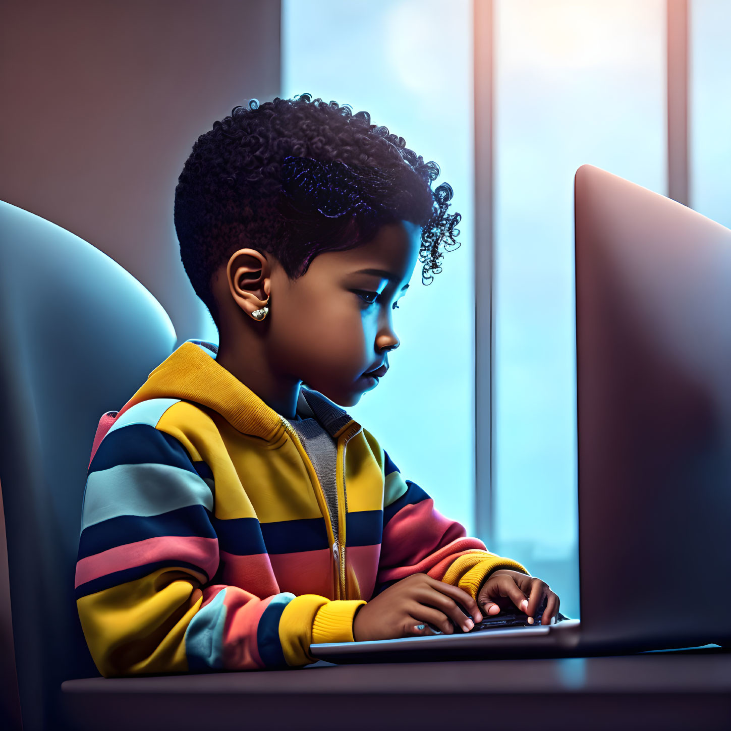 Child with curly hair using laptop in colorful hoodie