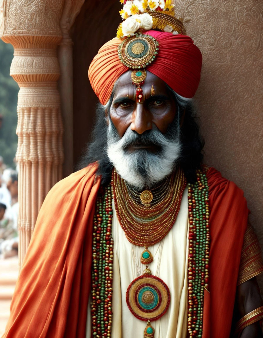 Indian man in orange turban with flowers, jewelry, and traditional attire.