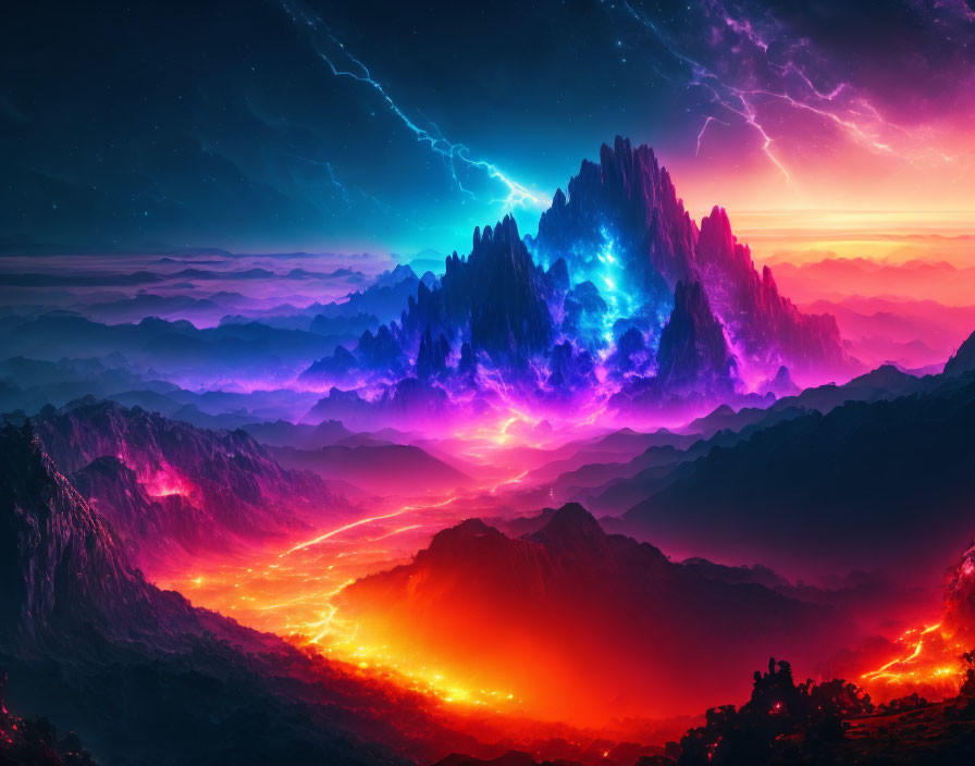 Colorful digital artwork of neon mountains in surreal landscape