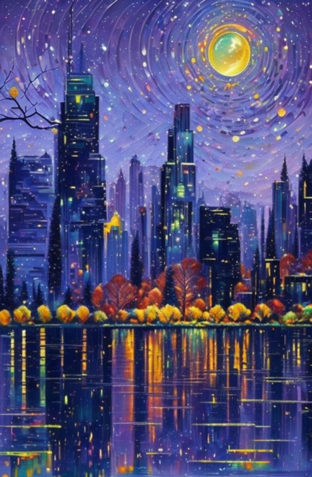 City skyline at night with starry skies, moon, and autumn trees reflected on water