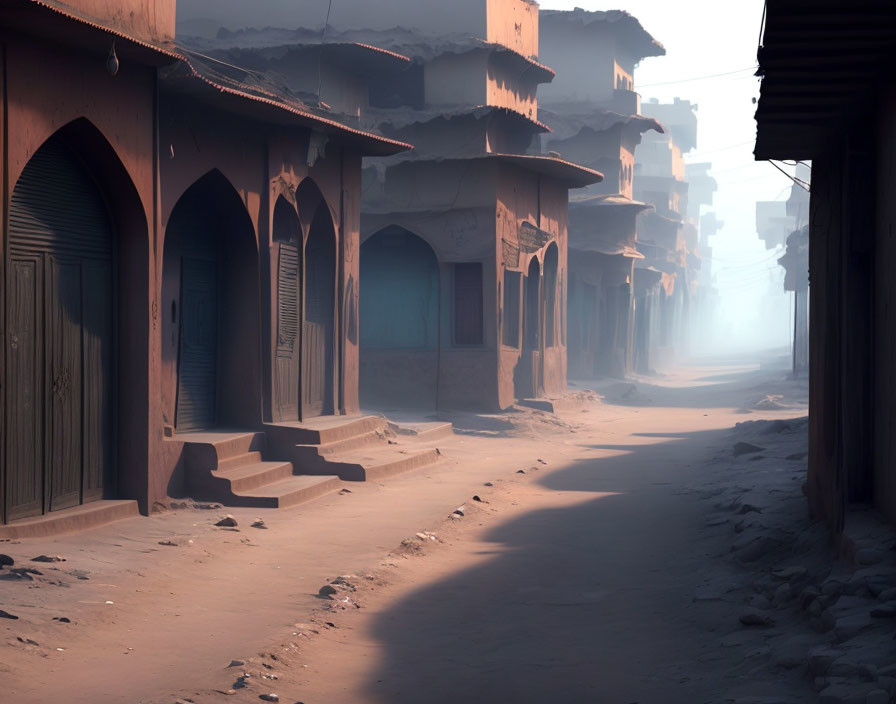 Traditional buildings on dusty street in old town with soft sunlight and long shadows