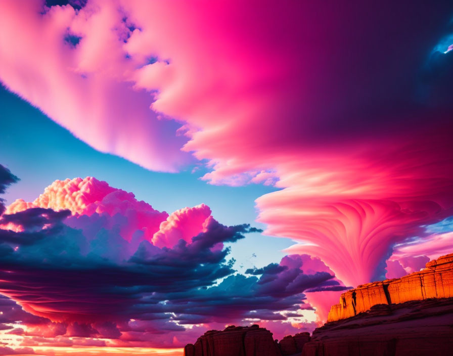 Vibrant pink and blue sky with swirling vortex cloud formation.