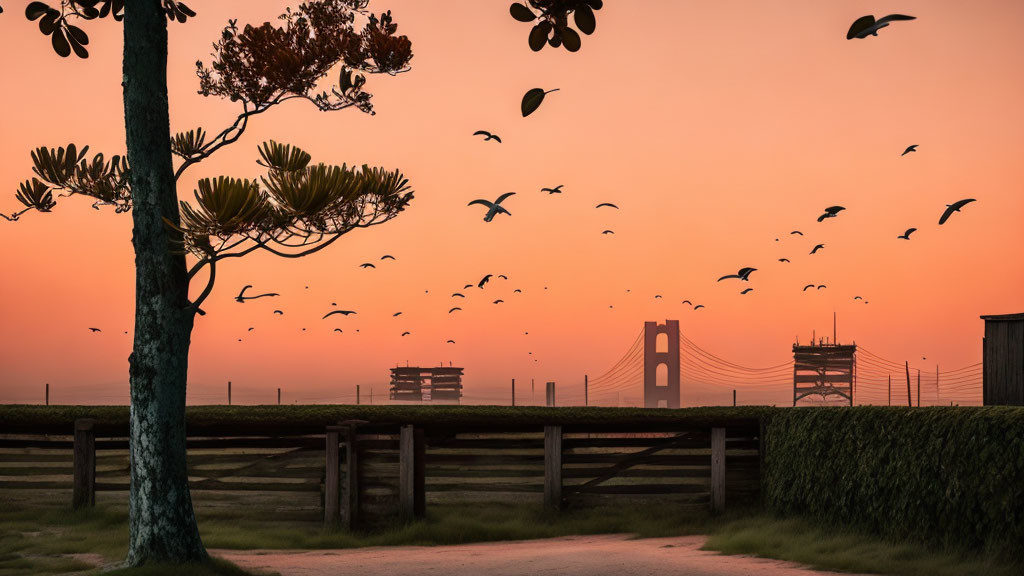 Tranquil sunset scene with bird silhouettes, tree, and distant bridge in orange sky