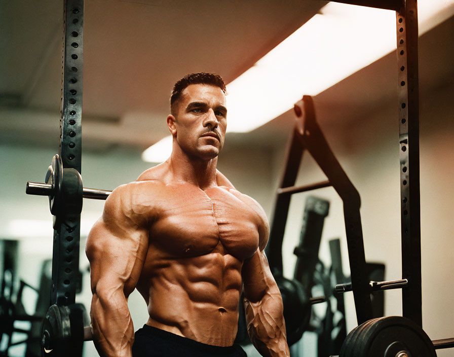 Muscular person showcasing strength with barbell exercise in gym