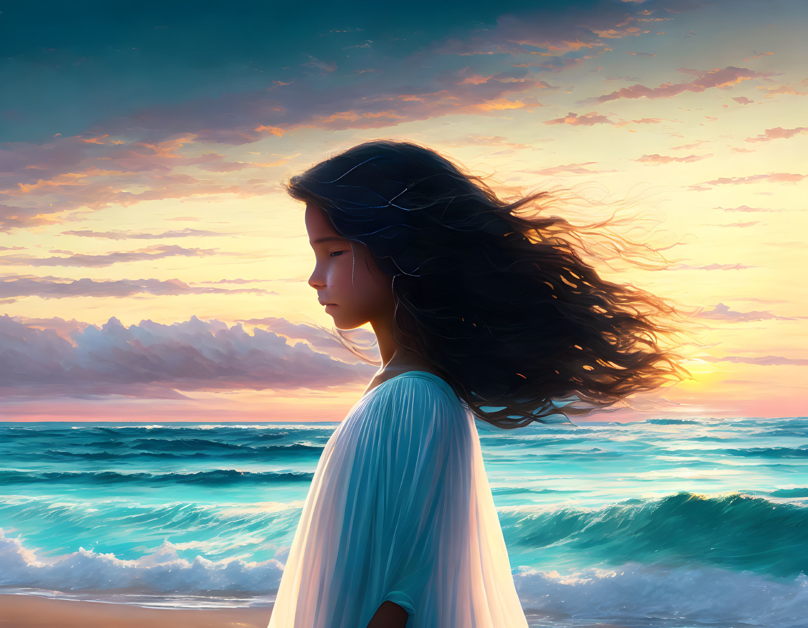 Young woman gazes at sea, hair flowing in sunset breeze