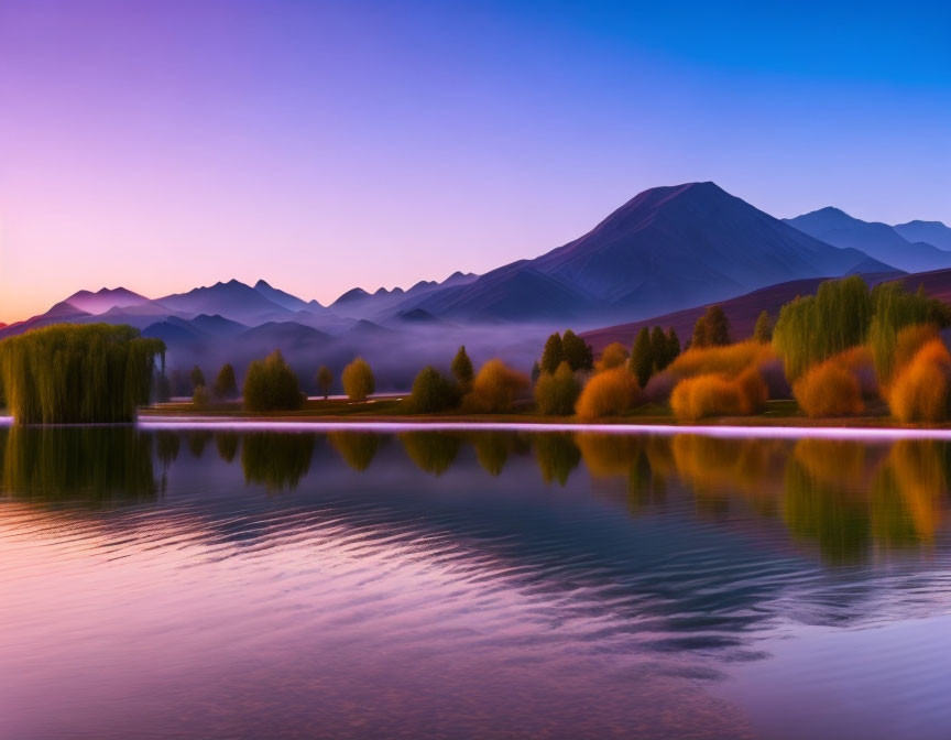 Serene sunset sky reflected on tranquil lake with misty mountains and trees