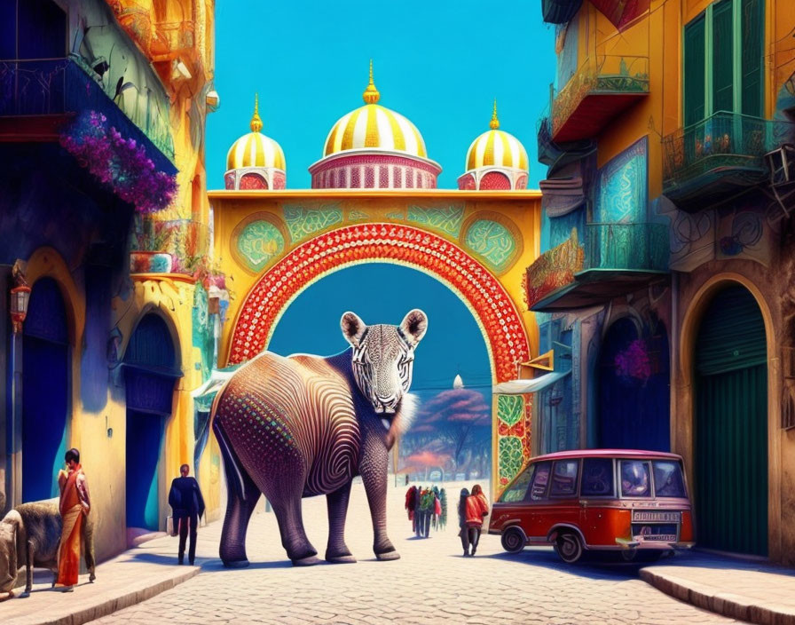 Colorful street scene with patterned elephant, arch, people, and orange van under blue sky