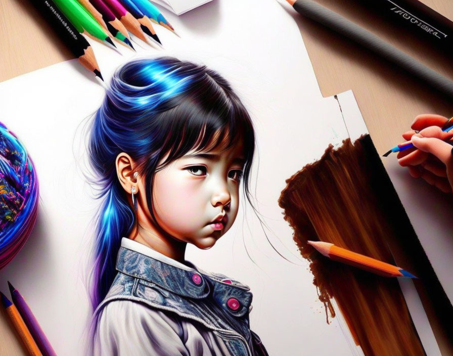 Young girl with blue-streaked hair and pencils in digital artwork