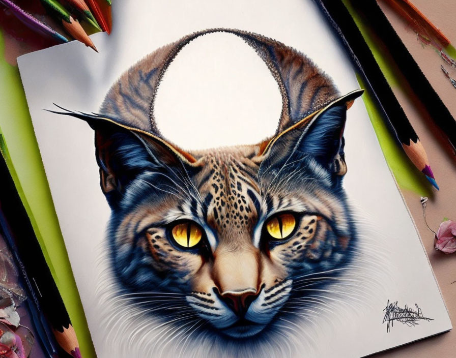 Hyper-realistic drawing of feline with lynx-like ears and intense yellow eyes, surrounded by colored