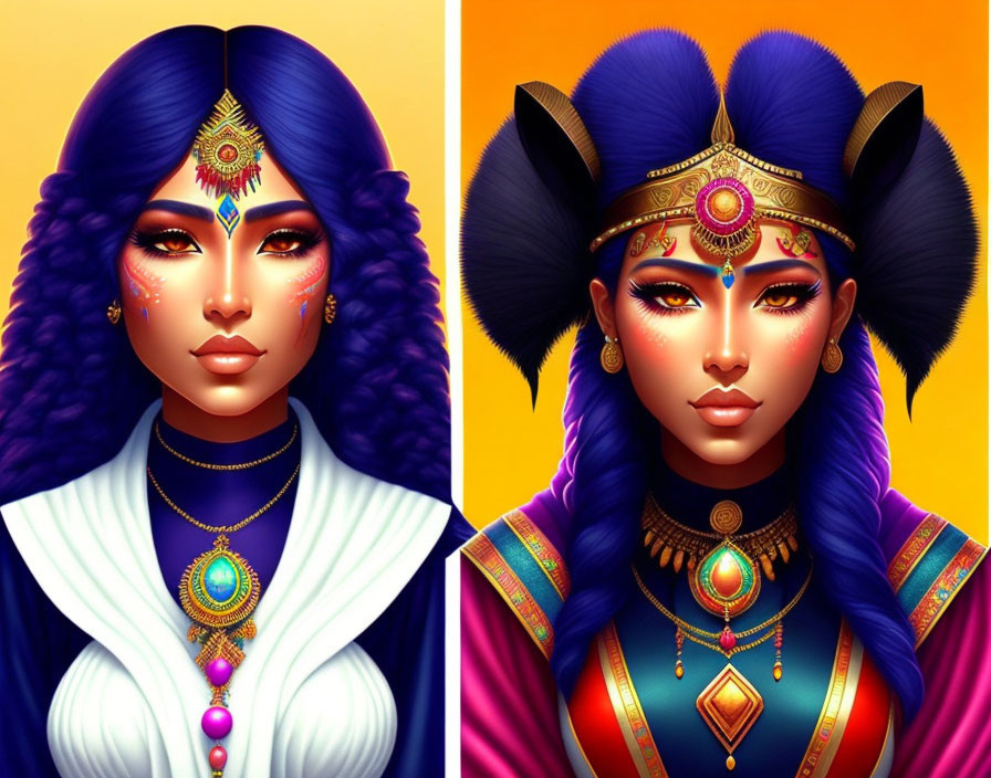 Stylized portraits of women with blue hair and Egyptian jewelry on orange background