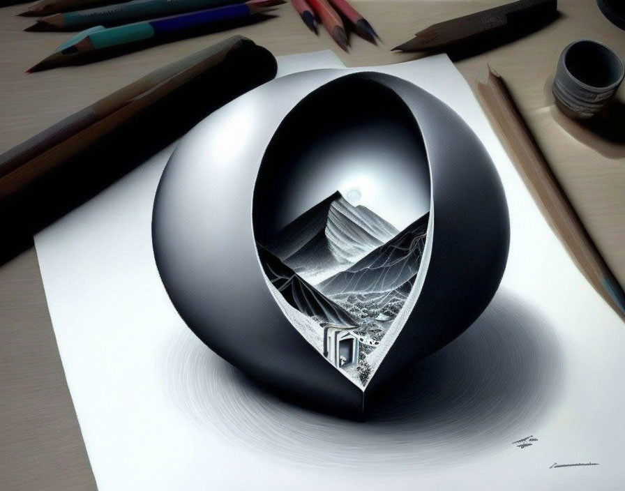 3D drawing of paper heart with mountain landscape, pencils, and paintbrush on desk