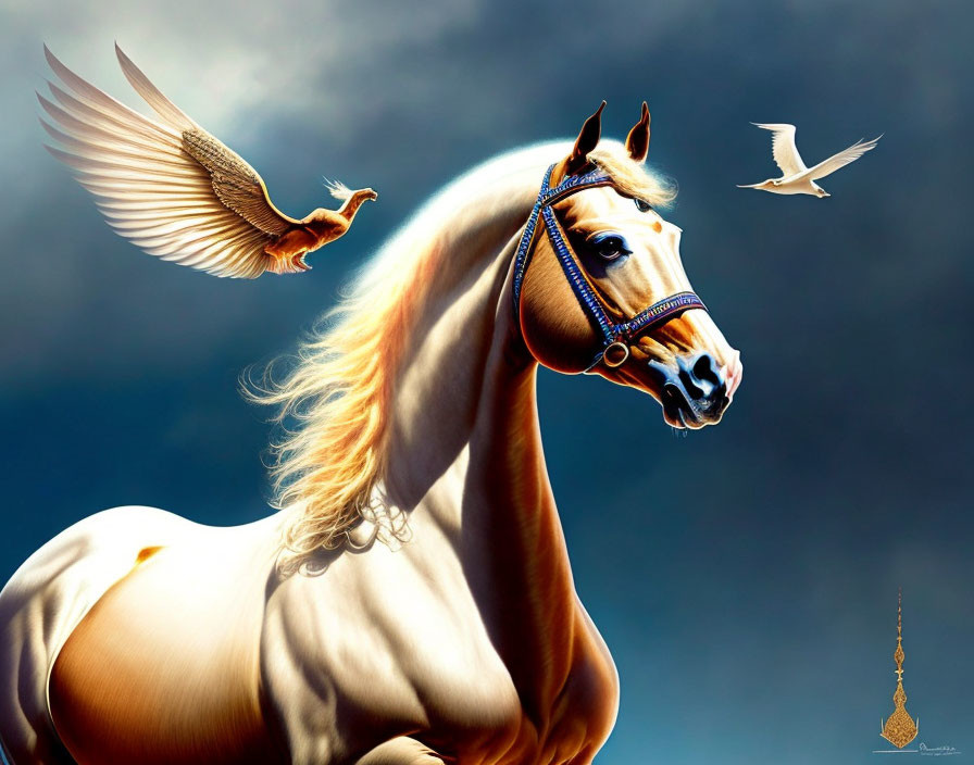 Majestic palomino horse with flowing mane under dramatic sky