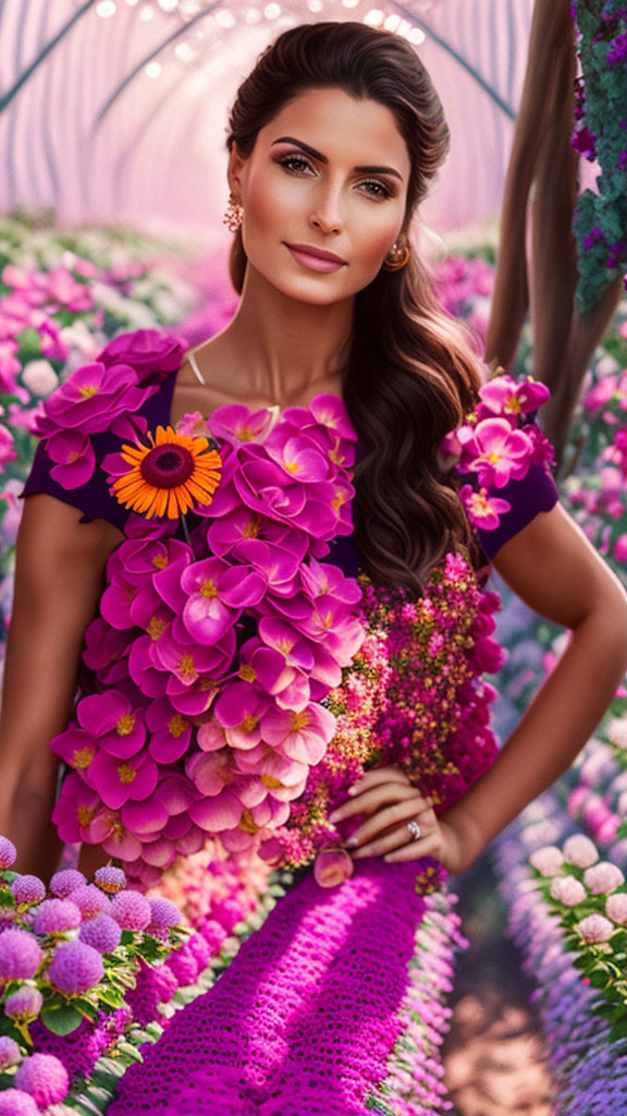 Woman in vibrant floral dress surrounded by pink flowers