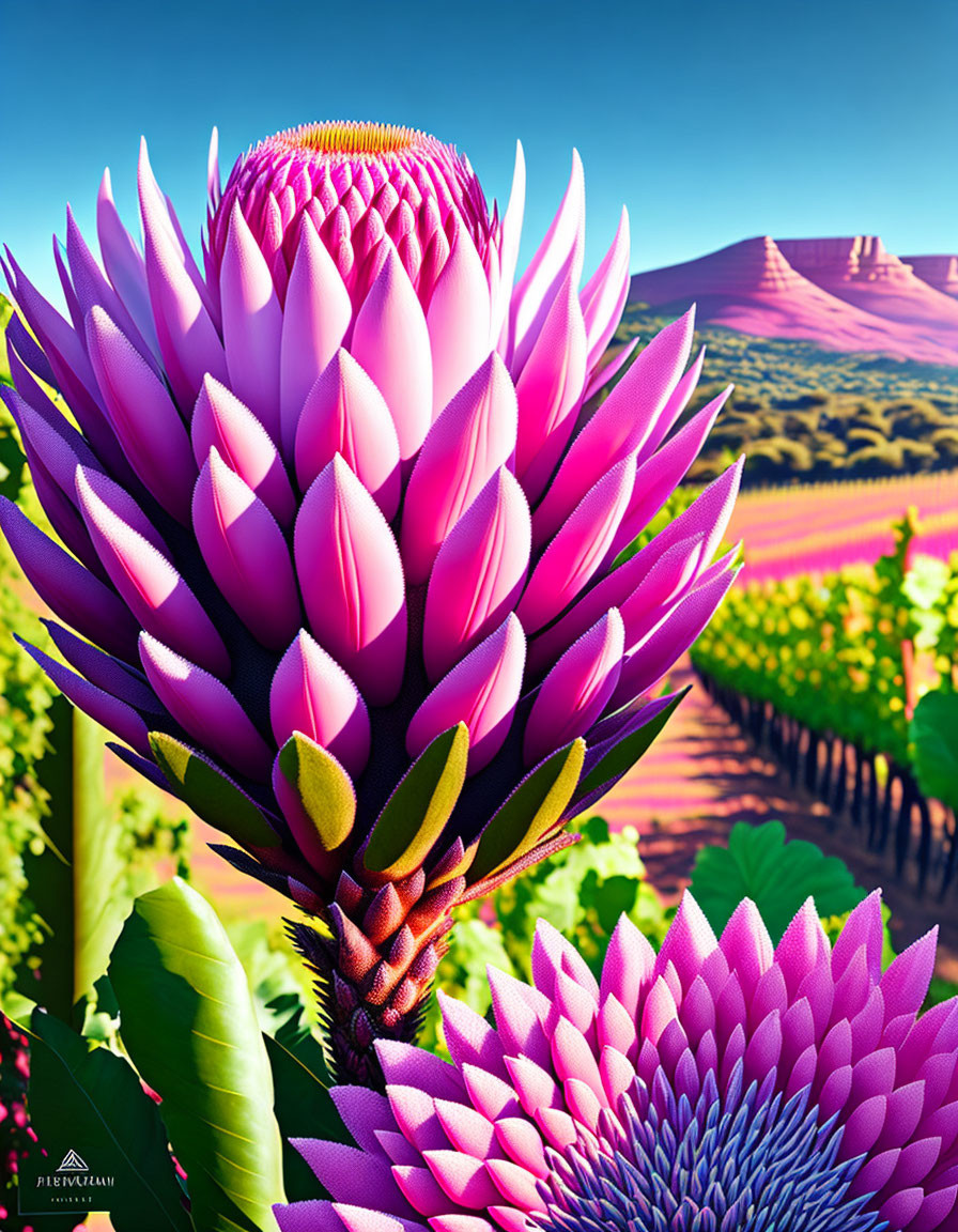 Colorful digital artwork: Large pink & white flower, vineyard, hills, blue sky