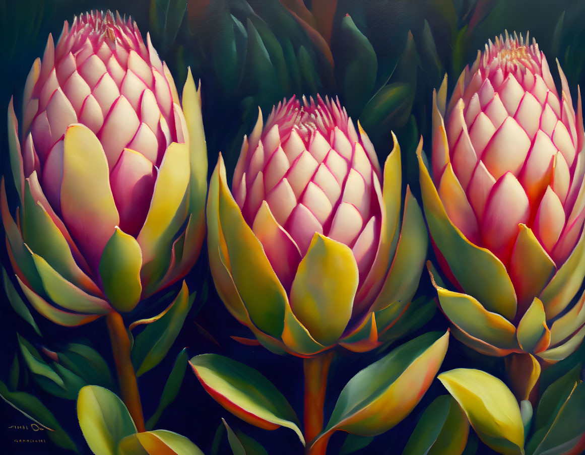 Vibrant painting of three pink protea flowers with green foliage on dark background