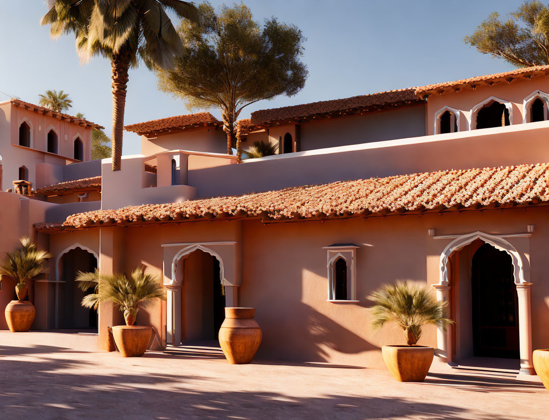 Mediterranean villa with terracotta roof, arched doorways, palm trees, and