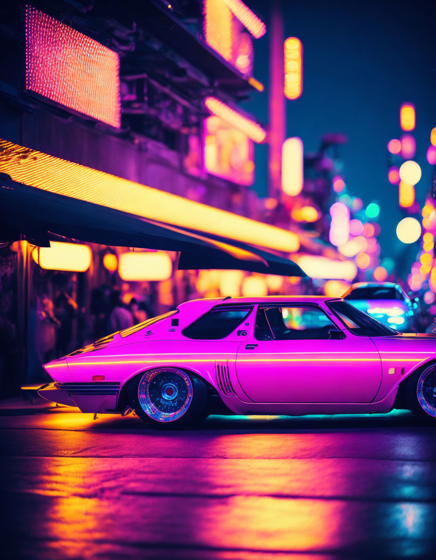 Vintage sports car with pink neon lights in vibrant city street at night