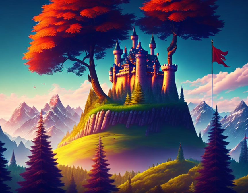 Fantastical castle on giant tree, floating island, mountains, dusk sky