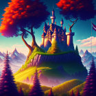 Fantastical castle on giant tree, floating island, mountains, dusk sky