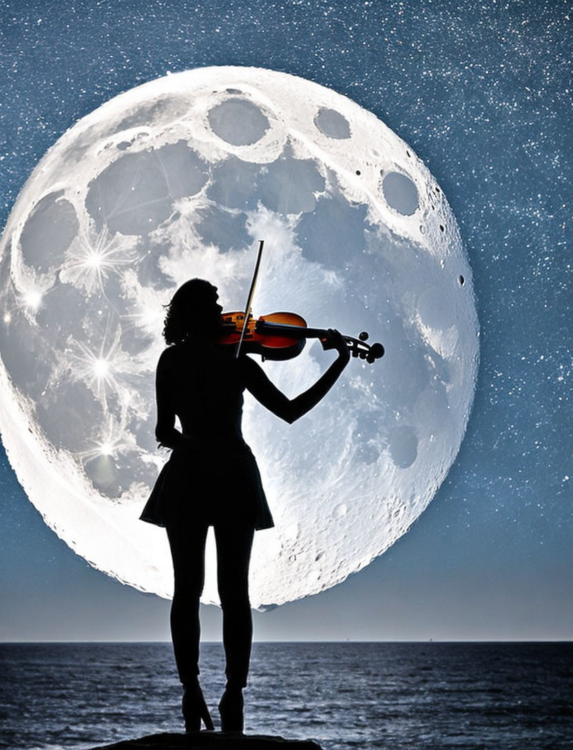 Person playing violin against full moon and starry sky