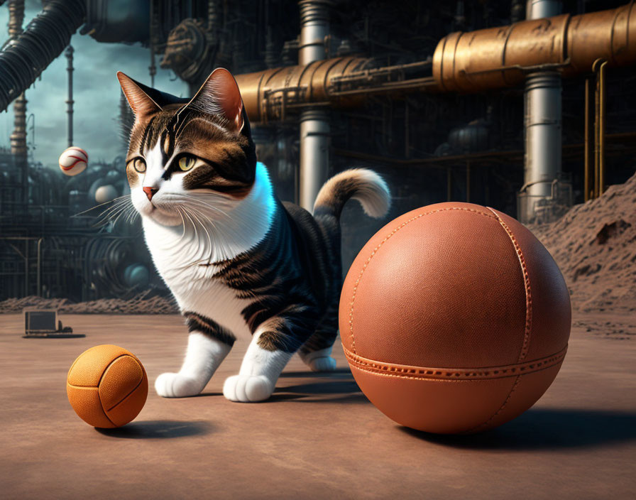 Tabby cat digital art with basketball and industrial backdrop