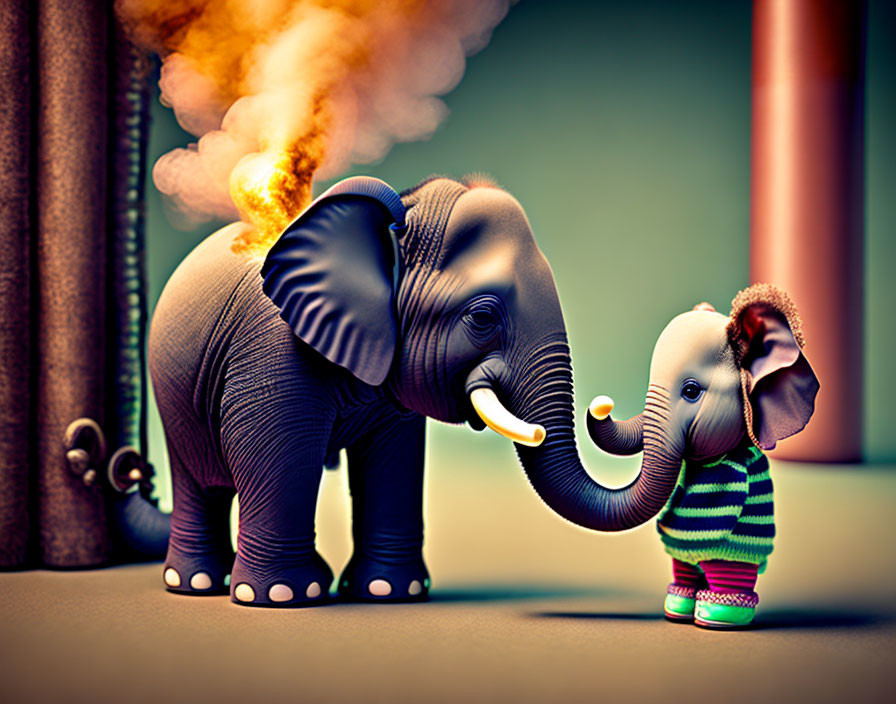 Stylized anthropomorphic elephants in colorful clothing face off